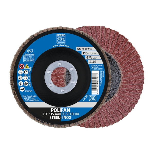 Pferd 4-1/2" x 7/8" A.H. POLIFAN Flap Disc - A SG STEELOX, Aluminum oxide, 40 Grit, Conical 62202 - main